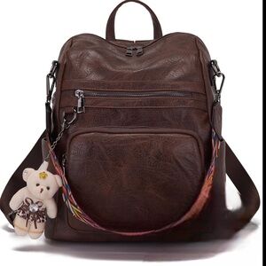 Brown Leather Backpack with Bear keychain